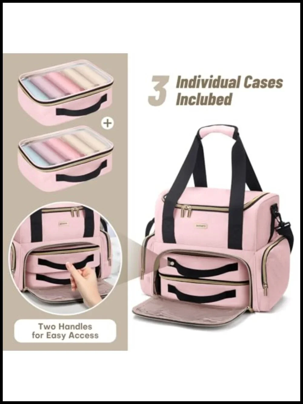 Large Makeup Cosmetic Bag with 2 Removable Cases, Double Layer Travel